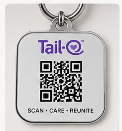 A close-up of the Tail-O pendant, a metal tag with the Tail-O logo and a scannable QR code