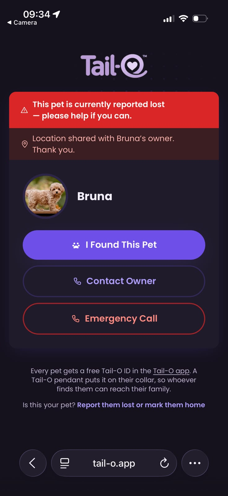 The real Tail-O ID page a finder sees for Bruna: a lost alert, her photo, and buttons to contact her owner