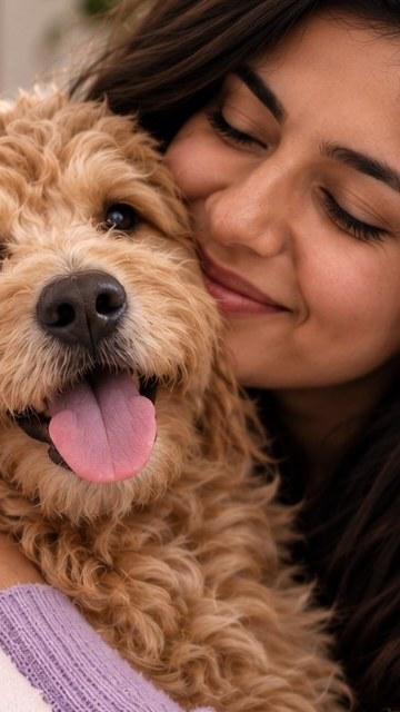A woman holding her curly-coated dog close, cheek to cheek
