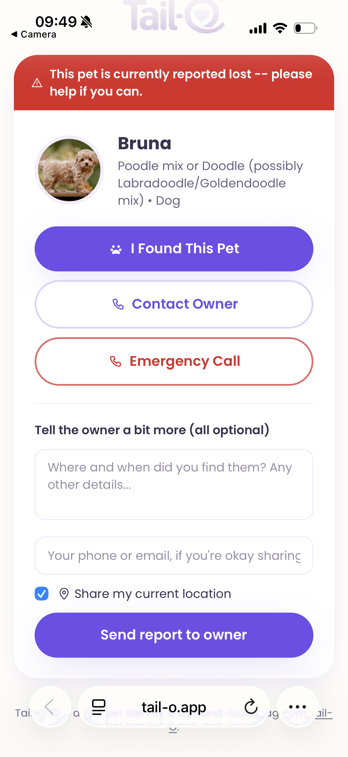 The real Tail-O ID page a finder sees for Bruna: a lost alert, her photo, and buttons to contact her owner
