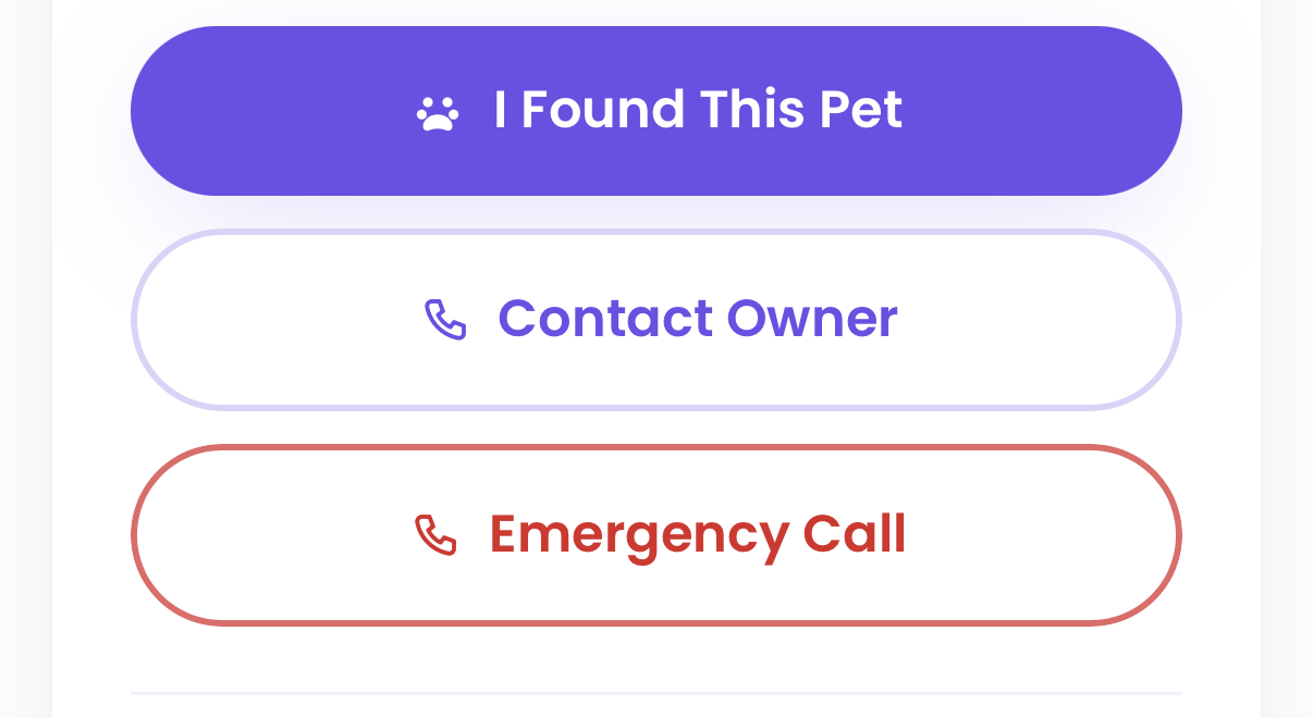 Real Tail-O buttons: I Found This Pet, Contact Owner, Emergency Call