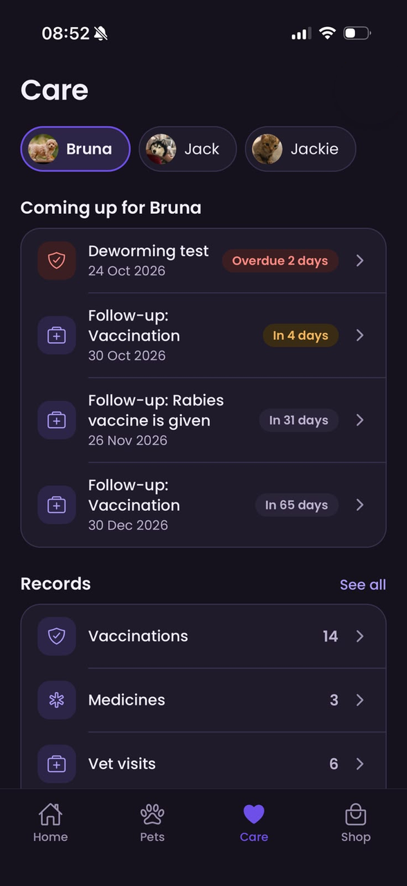 Tail-O Care tab for Bruna: vaccines and vet follow-ups coming up, and her records (11 vaccinations, 3 medicines, 6 vet visits)