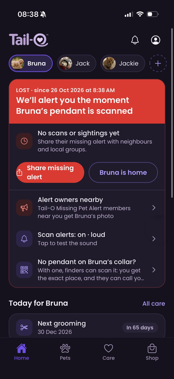 Tail-O Lost mode: Bruna reported lost, with Share lost alert, Bruna is home and loud scan alerts on