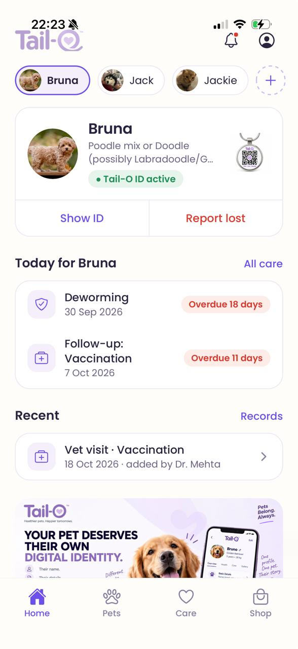 Tail-O home screen: Bruna’s Tail-O ID card with Show ID and Report lost, and today’s care