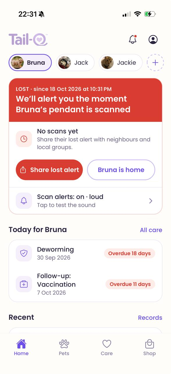 Tail-O Lost mode: Bruna reported lost, with Share lost alert, Bruna is home and loud scan alerts on