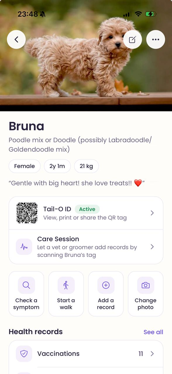 Bruna’s profile: Tail-O ID active, Care Session, quick actions and health records